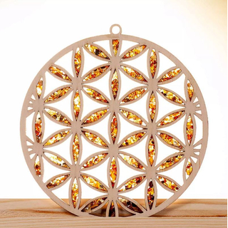 Suncatcher Bernstein in Birkenholz - Blume des Lebens