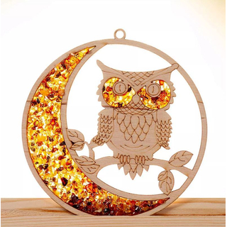 Suncatcher Bernstein in Birkenholz - Eule & Mond