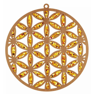 Suncatcher 20 cm Bernstein in Birkenholz - Blume des Lebens