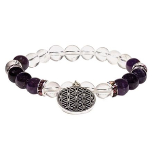 Armband Bergkristall/Amethyst mit Blume des Lebens