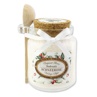 Badesalz im Glas mit Holzlöffel Schneerose