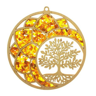 Suncatcher Bernstein in Birkenholz - Mandala & Baum